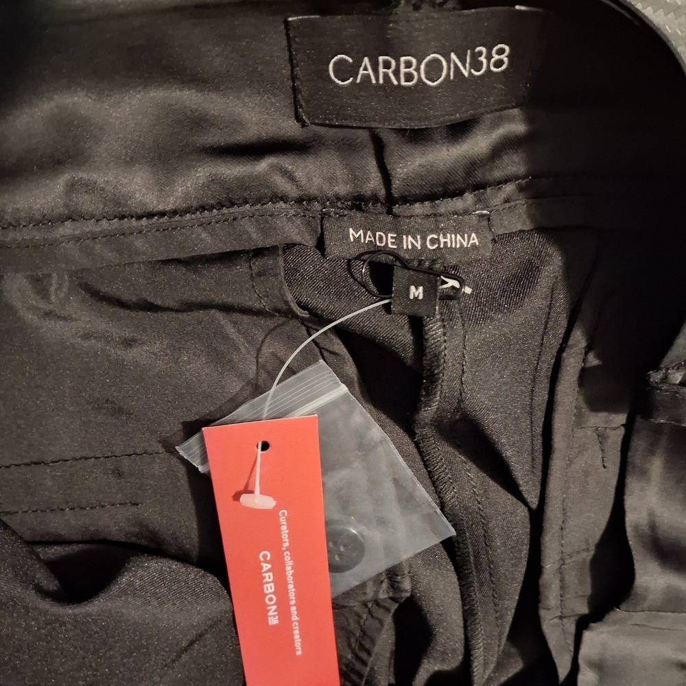 NEW Carbon38 Womens Black Satin Pants M Straight Leg High Rise Trousers Tailored - Picture 13 of 16